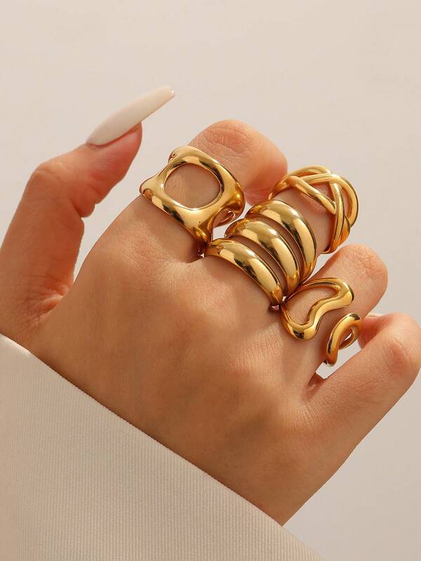 Set de 4 anillos geométricos abiertos multicapa huecos, chapados en oro de 18K de acero inoxidable vintage de lujo, adecuados para el uso diario de las mujeres, regalo