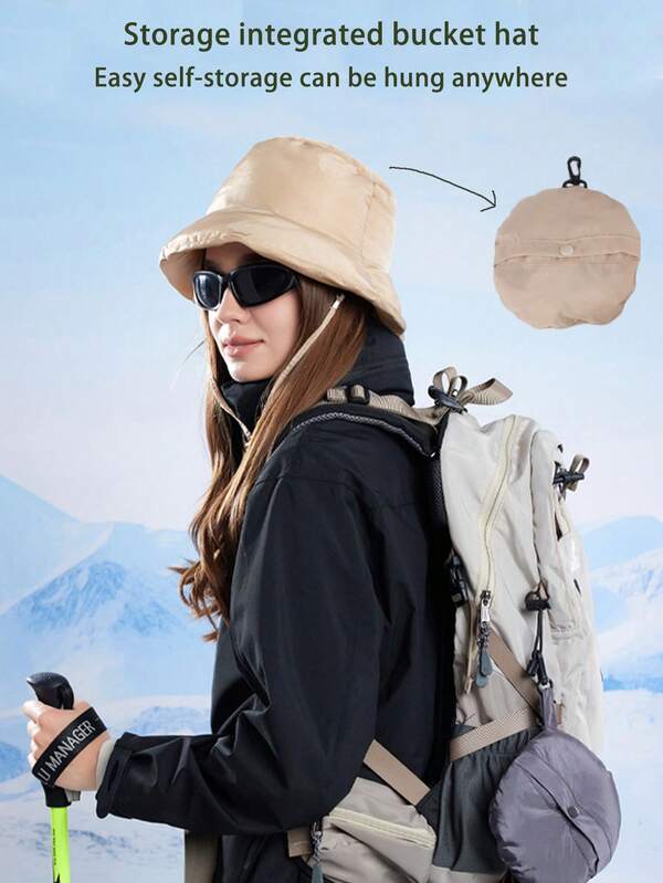 1 pieza Gorro acolchado y cálido de protección para los oídos, sombrero cubo de gran circunferencia de cabeza unisex de moda europea y americana, plegable, adecuado para otoño/invierno diario, al aire libre, ciclismo, senderismo, unicolor casual de acrílico