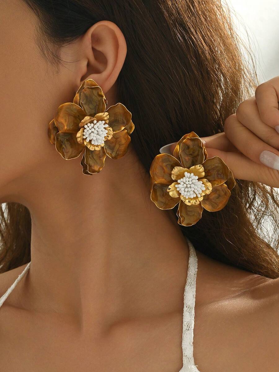 1 对优雅花卉耳环，复古山茶花耳环，轻盈奢华美学耳环，适合女性度假和日常佩戴 - 咖色 - 查看 1