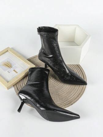 Women's Black Ankle Boots And Short Boots, 7cm High Heel, Elastic Skinny Boots, Comfortable And Fashionable Pointed Toe High Heel Boots