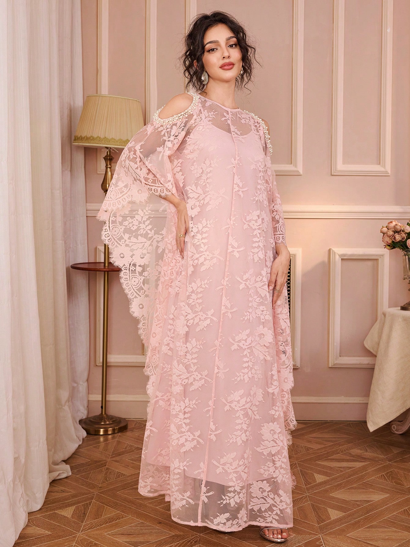 فستان كامي من قطعتين بأكمام طويلة ثلاثة أرباع مع ت...