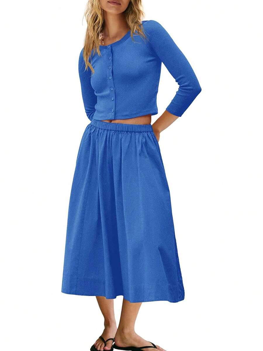 Women's Essential Casual Lightweight Three-Quarter Sleeve Knit Cardigan Elastic Waist Skirt Matching Two-Piece Set - 寶藍色 - 查看 1