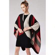 Women's Warm Shawl Wrap Cape Winter Cardigan Sweaters Open Front Poncho - A5-紅色 - 查看 4