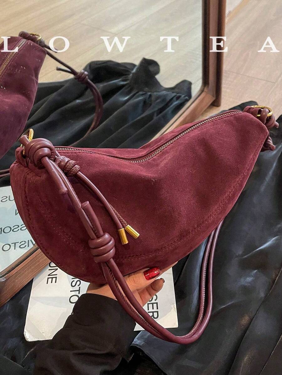 1 件女士纯色绒面革单肩包，复古时尚新月风格拉链开合单肩包，适合日常使用和户外