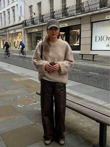 Women's Elegant Solid Color Casual Minimalist Dropped Shoulder Round Neck Loose Mohair-Like Sweater, Going Out Tops For Women, Brown Top, Women's Winter Sweater