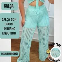 Calça Pantalona De Praia Com Short Feminina Cintura Alta Tricot  Verão Outono Primavera Moda Piscina Festas - Verde Água - Visão 4
