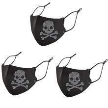 Leichte, atmungsaktive Mode-Gesichtsmaske für Damen mit 3D Schädel- und Strass-Design - dehnbarer Sitz für den täglichen Gebrauch, Raveparty, Konzerte & Outdoor-Veranstaltungen - Schwarz (Handwäsche & Chemische Reinigung)