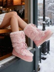 Faux Fur Snow Boots For Women Fuzzy Fluffy Furry Lace Up Mid Calf Boots Winter Warm Fur Boots For Christmas - Pink - View 6
