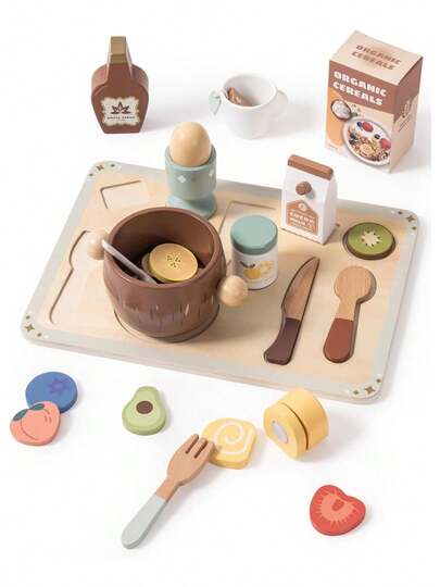 ROBUD Set Cucina Giocattolo in Legno da 31 Pezzi - Accessori Completi Cibo Giocattolo, Gioco Educativo Montessori per Bambini, Alimentari Finto per Role Play