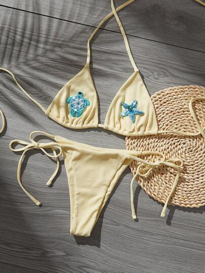 SS26 New Arrival Women Fashion Bikini Set, Sparkle Sexy Stylish Seastar Tortuga Decor,Baby Yellow Swimwear Beach Outfits For Woman Party Outfit ,Gift For Her