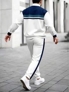 Men's Striped Print Zip-Up Sweatshirt And Pants Set, Fall Clothes