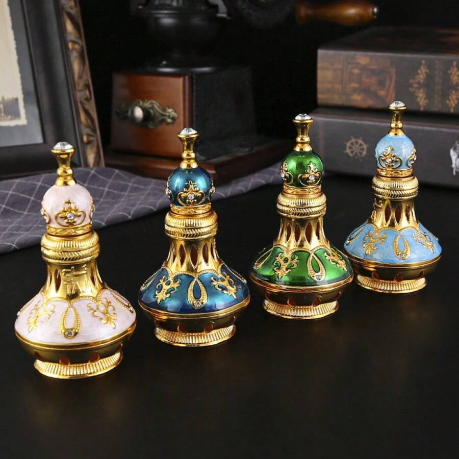 1 Pc Glass Perfume Bottle Beautifully Decorated Perfume Bottle - 12; Style 2 (gold and White); Metal - View 1