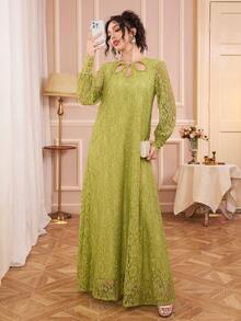 女士圆领镂空领口设计，珍珠点缀，串珠工艺，优雅长袖蕾丝连衣裙，适合日常穿着、约会、休闲场合，春季必备 - 綠色 - 查看 5