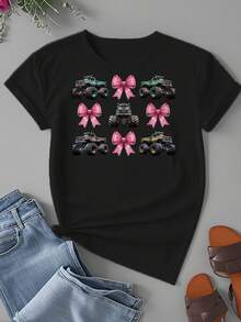 Plus-Size Women's T-ShirtsCoquette Bow Monster Truck Mothers Day Pink Ribbon  Creative Graphic Printed Polyester Fiber Comfortable Fabric - 黑色 - 查看 2