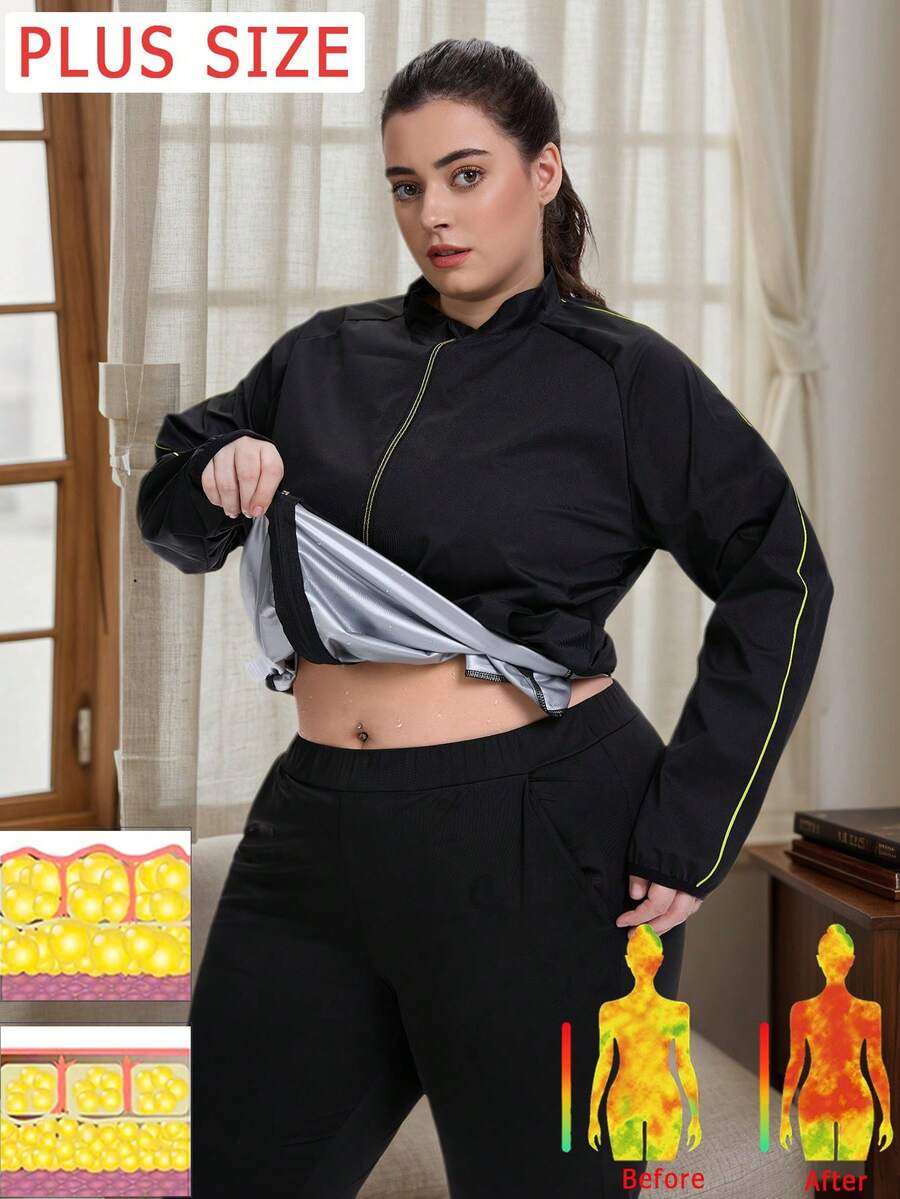 1 Set Women's Sauna Suit Sports Jacket And Pants, Suitable For Weight Loss, Fat Burning And Fitness, Plus Size Available Black - Black - View 1