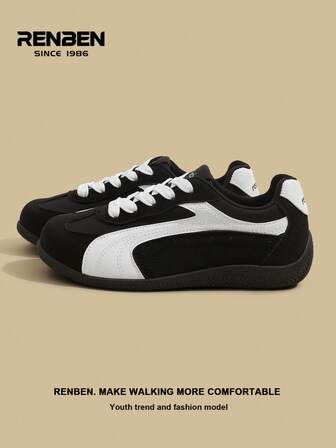 RENBEN 1 Pair Retro Style Women's Lace-Up Patchwork Sneakers, Thick Sole Casual Sporty Soft Bottom Runway Shoes, Fashion Niche Design, Suitable For Spring/Autumn