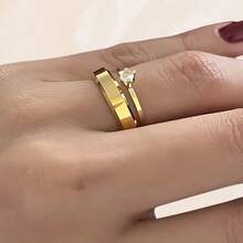 Pair Of Unisex Beveled Engagement Wedding Rings Stainless Steel 18k Gold Plated - Vàng - Xem 4