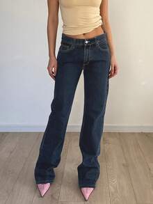 Y2K中腰直筒阔腿女牛仔裤牛仔原色休闲复古日常通勤显瘦百搭牛仔裤-秋季女装 - 單寧原色 - 查看 2