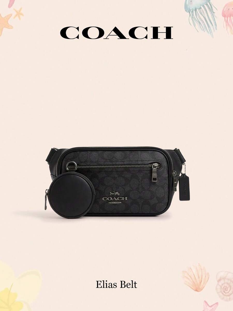Coach Elias 29 Men's Signature Print Coated Canvas Large Black Waist Pack Ideal Gift For Boyfriend