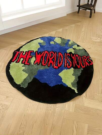 Velvet Carpet - Earth Pattern With "The World Is Yours" Text, Asymmetrical Round Design, Suitable For Living Room & Bedroom, Holiday Home Decor, Modern Style, Durable & Material