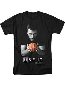 Camiseta gráfica masculina NBC Dr. House – Camisa preta de gola redonda e manga curta com estampa Brain e USE IT, tecido elástico, camisa casual, conforto o ano todo, estilo urbano, material respirável, amantes do streetwear - Preto - Ver 1