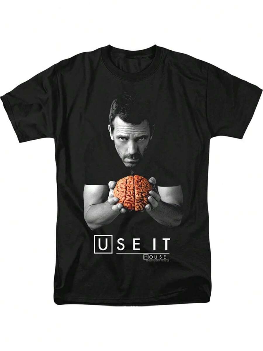 Camiseta gráfica masculina NBC Dr. House – Camisa preta de gola redonda e manga curta com estampa Brain e USE IT, tecido elástico, camisa casual, conforto o ano todo, estilo urbano, material respirável, amantes do streetwear - Preto - Ver 1
