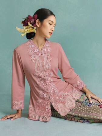 Blusa elegante de manga larga con encaje de estilo kebaya moderno para mujeres, top kebaya nyonya