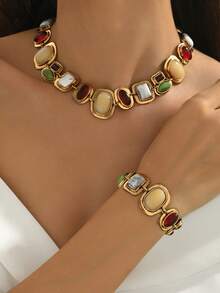 1 Set Of 2pcs Vintage Exaggerated Fashion Asymmetrical Faux Gemstone Necklace & Bracelet Set, Baroque Style French Luxury Geometric Golden Jewelry Set For Women, Suitable For Daily, Party, Event Wear (Stone Color & Position Random) - Gold - View 6