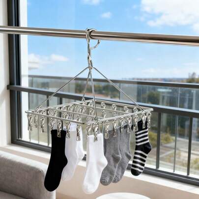 不锈钢多功能晾衣架，抛光金属袜子晾衣架，坚固加厚家用袜夹，阳台晾衣架