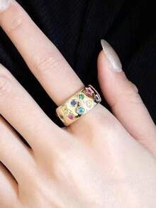 1pc Fashionable Adjustable Geometric Colorful Zirconia Ring, Vintage Style, Versatile For Women, Suitable For Daily Wear, Festivals, Parties, Gift For Girlfriend/Best Friend - Gold - View 3