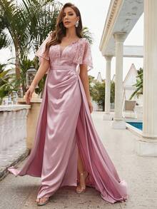 蕾丝花边袖亮片拼布缎面及地正式晚礼服 - 粉色 - 查看 2