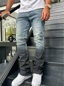 Men's Stretch Slim Fit Distressed Gradient Color Jeans, Suitable For All Seasons - 藍色 - 查看 1