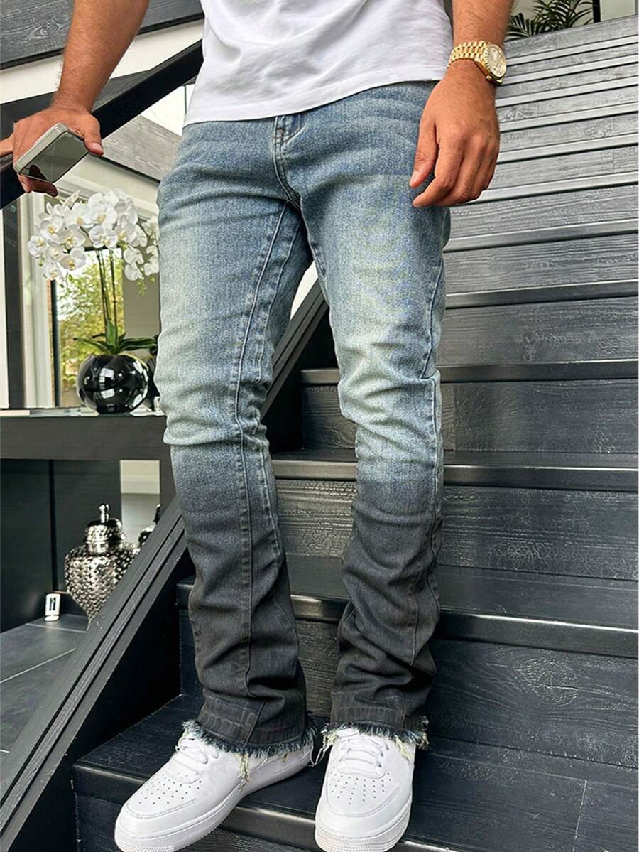 Men's Stretch Slim Fit Distressed Gradient Color Jeans, Suitable For All Seasons - 藍色 - 查看 1