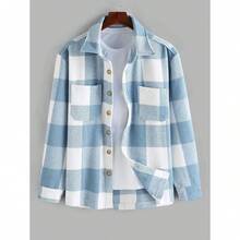 Men's Plaids Long Sleeve Button Down Lightweight Flannel Shacket Wool Blend Casual Shirt With Pockets, Vintage-Inspired Style - 格子藍 - 查看 2