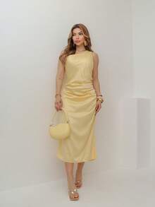 Midi Dress With No Sleeves/ Lined/ Side Pleat/ With Side Slit 231 - Màu vàng - Xem 1