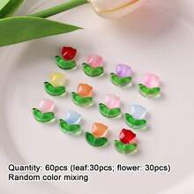30pcs Mix Color Tulip And 30pcs Leaf Glass Beads