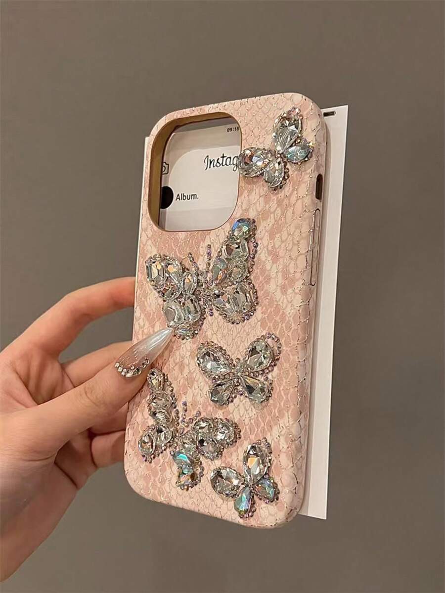 Rhinestone Butterfly Snake Skin Pattern Phone Case Compatible With IPhone 14 Pro Max/14 Pro/14, 15 Pro Max/15 Pro/15, 16 Pro Max/16 Pro/16, 13 Pro Max/13 Pro/13, 12/11