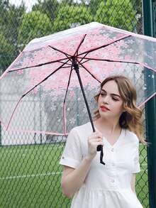 1 件透明樱花图案折叠伞，8 骨休闲轻便便携式雨具，印花自动棒旅行伞，浪漫雨具，适合男女在雨天和晴天户外活动 - 彩色 - 查看 3