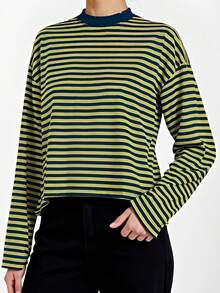 Women Striped Long Sleeve Baggy T Shirts Y2k Vintage Stripes Oversized Boxy Tees Cropped Tops Lionesss Stripped Sweatshirt Fall Preppy Teen Girl Clothes - 藏蓝色 - 查看 1