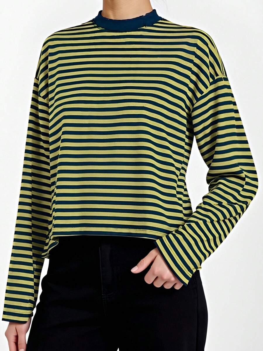 Women Striped Long Sleeve Baggy T Shirts Y2k Vintage Stripes Oversized Boxy Tees Cropped Tops Lionesss Stripped Sweatshirt Fall Preppy Teen Girl Clothes - 藏蓝色 - 查看 1
