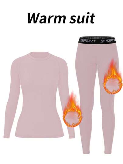 Dames fleece thermisch ondergoedset, comfortabele basislaag, warme nauwsluitende broek voor buitenactiviteiten, skiën, top met lange mouwen en ronde hals en broekset, yoga-outfit voor de winter