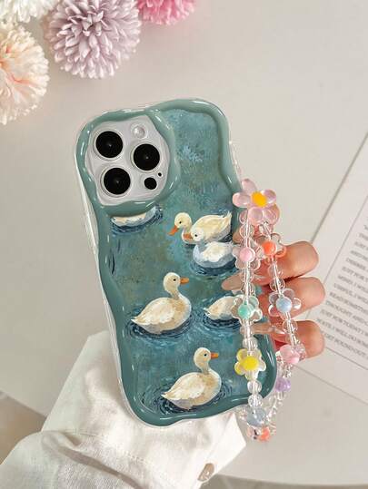 حافظة هاتف مضادة للسقوط بتصميم بطة مطلية بالزيت ذات حافة موجية ملمس كريمي لامع مع إكسسوار سوار خرزي مصنوع يدويًا