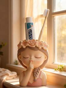 1 pieza Soporte para cepillo de dientes con forma de niña linda, hermoso estante de almacenamiento para el baño para guardar pasta de dientes y cepillos de dientes, contenedor de almacenamiento decorativo de escritorio creativo, perfecto para el tocador del baño, accesorios de decoración del hogar prácticos y lindos