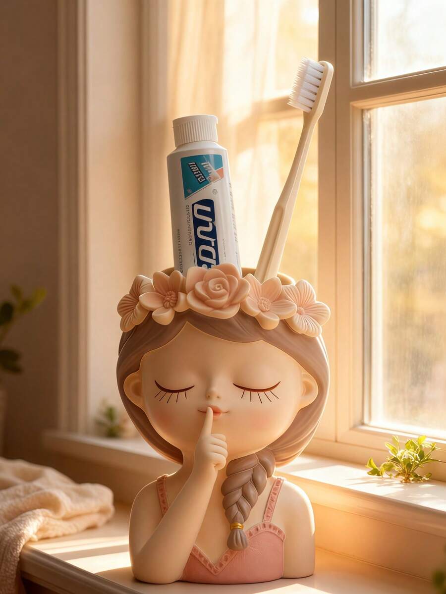 1 pieza Soporte para cepillo de dientes con forma de niña linda, hermoso estante de almacenamiento para el baño para guardar pasta de dientes y cepillos de dientes, contenedor de almacenamiento decorativo de escritorio creativo, perfecto para el tocador del baño, accesorios de decoración del hogar prácticos y lindos