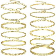 12Pcs Gold Chain Bracelet Jewelrys Set For Women Men Link Curb Cuban 14K Gold Plated Beaded Boho Stackable Adjustable Bracelet Jewelrys Paperclip Cuff Bangle Layered Jewellery Set