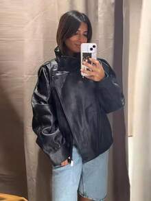 女士时尚黑色PU皮夹克，长袖高领拉链外套，秋冬季时尚外衣 - 黑色 - 查看 7