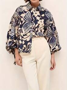 Women's Woven Fabric Button Front Shirt Collar Long Sleeve Abstract Print Shirt