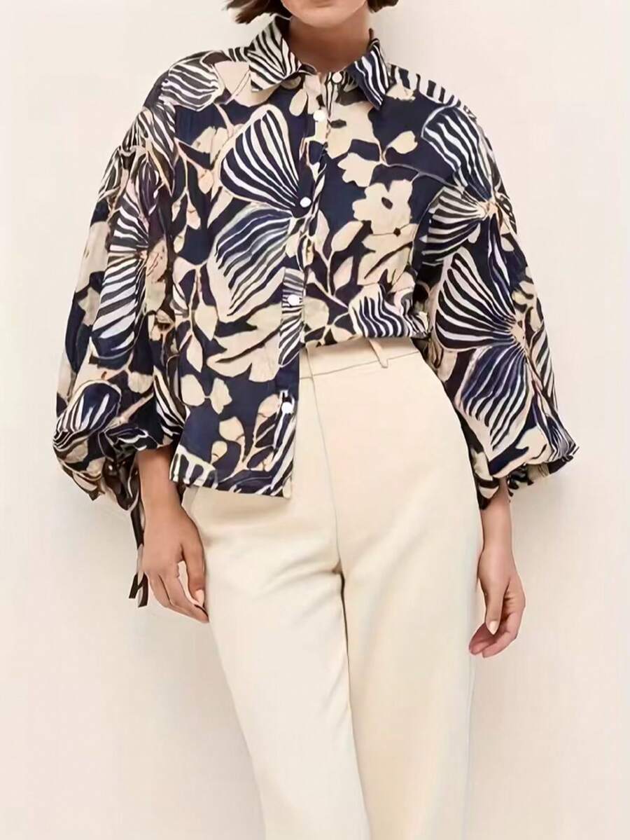 Women's Woven Fabric Button Front Shirt Collar Long Sleeve Abstract Print Shirt