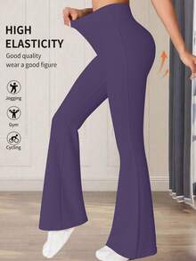Quần ống loe cạp cao màu trơn, dáng thể thao, dáng suông, dành cho mùa xuân. - Màu tím - Xem 3