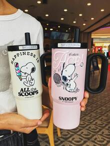 SNOOPY 1 件 750 毫升史努比真空保温水瓶，大容量户外车载杯，便携式保温杯，优质不锈钢吸管杯